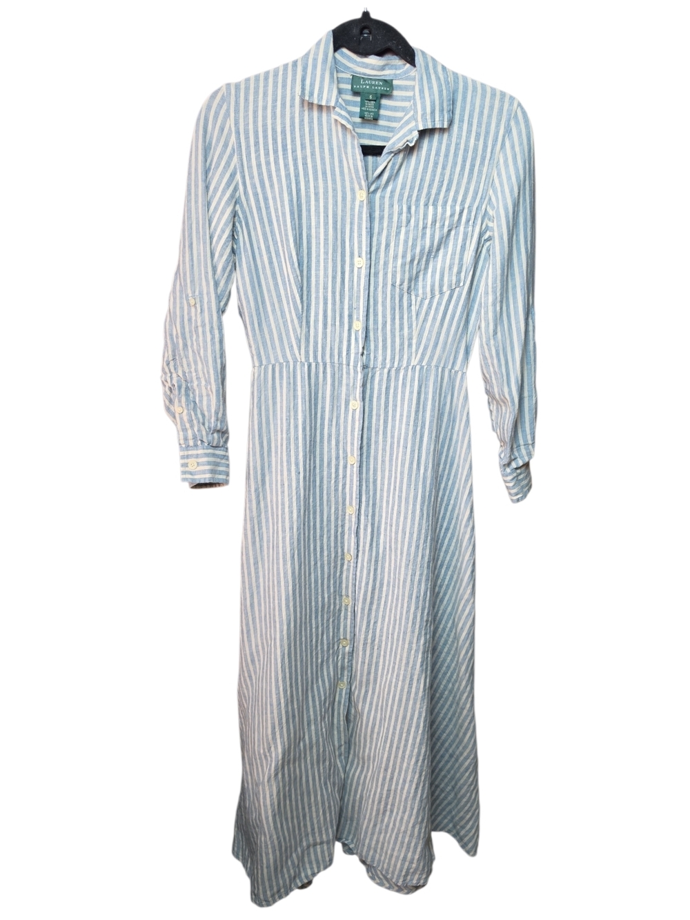 RALPH LAUREN | Blue White Stripe Logo Pocket Roll Tab Maxi Shirt Dress | 6 - Picture 2 of 12